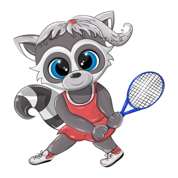 Cute Vector Raccoon Who Plays Tennis Funny Animal Tennis Racket — Stock Vector