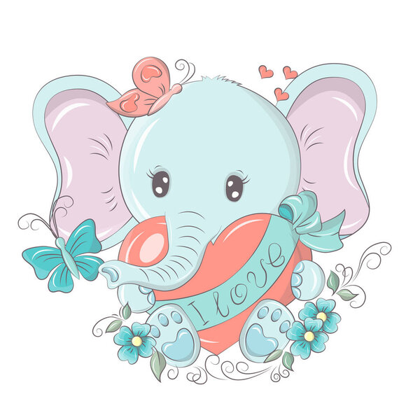 Elephant illustration isolated on white background, cute animal in cartoon style. Vector animal for prints for baby products, the images are made in a cute cartoon style.