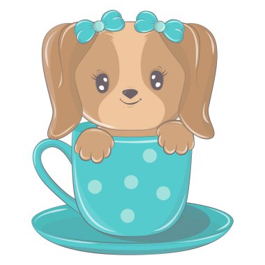 Beyaz arka planda izole edilmiş köpek çizimi, çizgi film tarzında şirin bir hayvan. Bebek ürünlerindeki baskılar için vektör hayvan. Görüntüler sevimli bir çizgi film tarzında yapılmış.. 