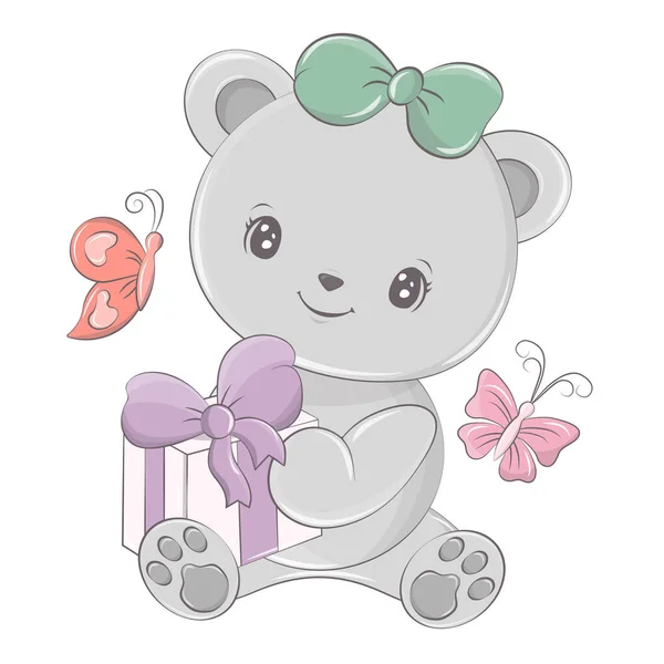 Cartoon Teddy Bear Gift Box Its Paws Cute Bears Vector — Stock Vector