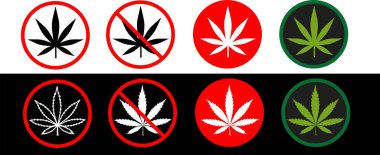 Esrar ikonu koleksiyonu, uyarı işareti, içki yasağı, marihuana yaprağı ve grevli kırmızı daire. Esrarın yasallaştırılması kavramı, kısıtlamalar ve denetim kullanımı, kamusal alanlar için bir çıkartma