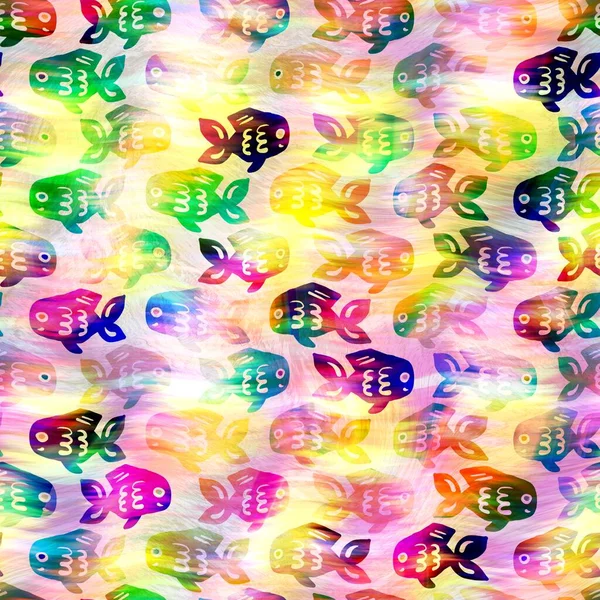 Batik Fisch Krawatte Farbstoff waschen Hintergrund. Gesprenkelte Unterwasserfische für Bademode am Strand. Fun Sommer trendige Strandmode Print. Digitaler Fluid-Aquarell-Effekt. Nahtloses Muster mit hoher Auflösung. — Stockfoto