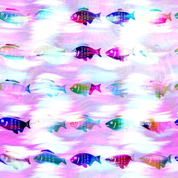 Batik vis stropdas verf wassen achtergrond. Gevlekte onderwater zwemmen vissen voor strand zwemkleding. Leuke zomer trendy strand mode print. Digitaal vloeistof aquarel effect. Hoge resolutie naadloos patroon. — Stockfoto