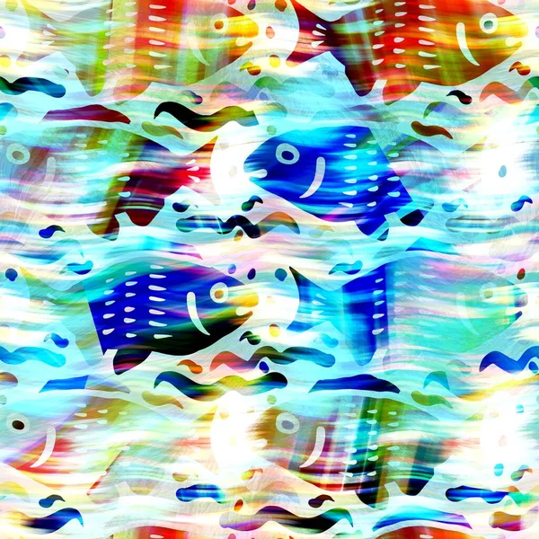 Batik ryby krawat barwnika tło mycia. Mętne podwodne ryby do kąpielówek plażowych. Zabawa lato modny druk mody plaży. Cyfrowy efekt akwareli. Wysoka rozdzielczość bezszwowy wzór. — Zdjęcie stockowe