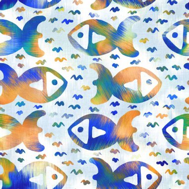 Batik balığı kravat boyası yıkama arka planı. Plaj mayosu için benekli su altı yüzme balıkları. Eğlenceli yaz modası plaj moda baskısı. Dijital sıvı suluboya etkisi. Yüksek çözünürlüklü kusursuz desen.
