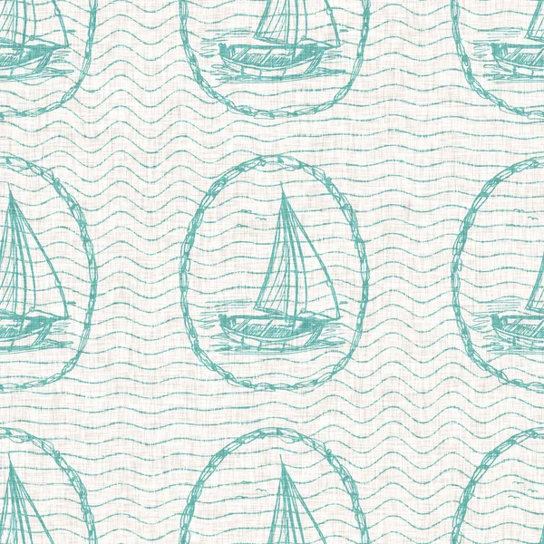 Aegean teal sailboat linen ναυτικό αδιάλειπτο φόντο με κυματική υφή. Καλοκαίρι παράκτια σαλόνι στυλ διακόσμησης σπιτιού. Θαλάσσια ιστιοπλοΐα γιοτ regatta στυλ. Μπλε τυρκουάζ βαμμένο σχέδιο υφάσματος. — Φωτογραφία Αρχείου