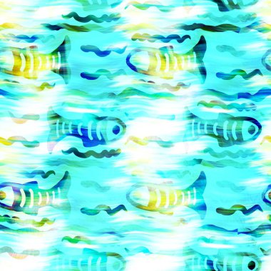 Batik balığı kravat boyası yıkama arka planı. Plaj mayosu için benekli su altı yüzme balıkları. Eğlenceli yaz modası plaj moda baskısı. Dijital sıvı suluboya etkisi. Yüksek çözünürlüklü kusursuz desen.