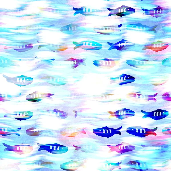 Batik Fisch Krawatte Farbstoff waschen Hintergrund. Gesprenkelte Unterwasserfische für Bademode am Strand. Fun Sommer trendige Strandmode Print. Digitaler Fluid-Aquarell-Effekt. Nahtloses Muster mit hoher Auflösung. — Stockfoto