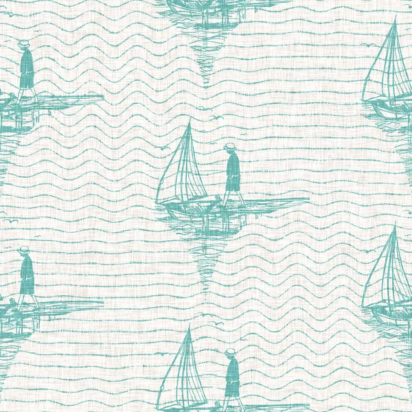 Fond marin sans couture en toile de voilier sarcelle égéenne avec texture ondulée. Été style de vie côtier décor de la maison. Régate de voiliers marins style régate. Motif textile teint en bleu turquoise. — Photo