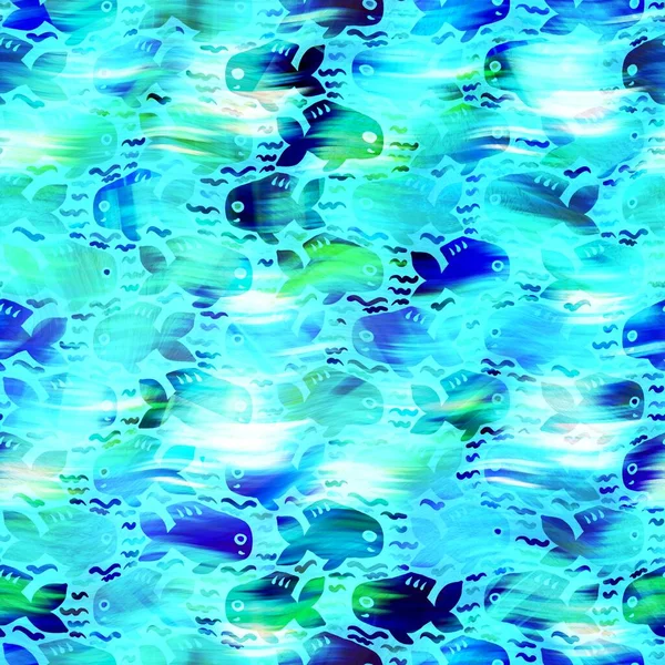 Batik Fisch Krawatte Farbstoff waschen Hintergrund. Gesprenkelte Unterwasserfische für Bademode am Strand. Fun Sommer trendige Strandmode Print. Digitaler Fluid-Aquarell-Effekt. Nahtloses Muster mit hoher Auflösung. — Stockfoto