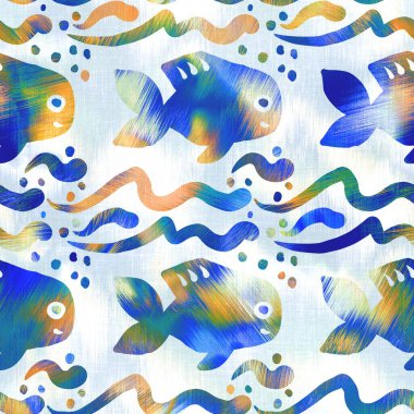 Batik balığı kravat boyası yıkama arka planı. Plaj mayosu için benekli su altı yüzme balıkları. Eğlenceli yaz modası plaj moda baskısı. Dijital sıvı suluboya etkisi. Yüksek çözünürlüklü kusursuz desen.