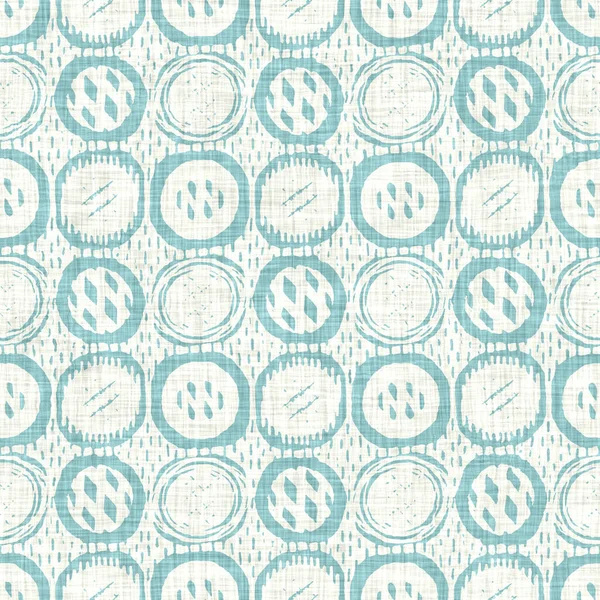 Aegean teal mottled rustic circle linen texture background. Summer dotted coastal living style. Light turquoise blue cloth effect textile seamless pattern. Washed out beach cottage fabric material. — Stock Photo, Image