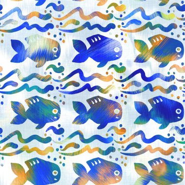 Batik balığı kravat boyası yıkama arka planı. Plaj mayosu için benekli su altı yüzme balıkları. Eğlenceli yaz modası plaj moda baskısı. Dijital sıvı suluboya etkisi. Yüksek çözünürlüklü kusursuz desen.