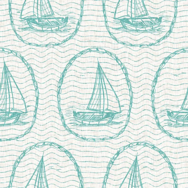 Aegean teal veleiro linho fundo náutico sem costura com textura onda. Verão estilo de vida costeira decoração da casa. Estilo de regata de iate marinho à vela. Azul turquesa tingido padrão têxtil lavado. — Fotografia de Stock