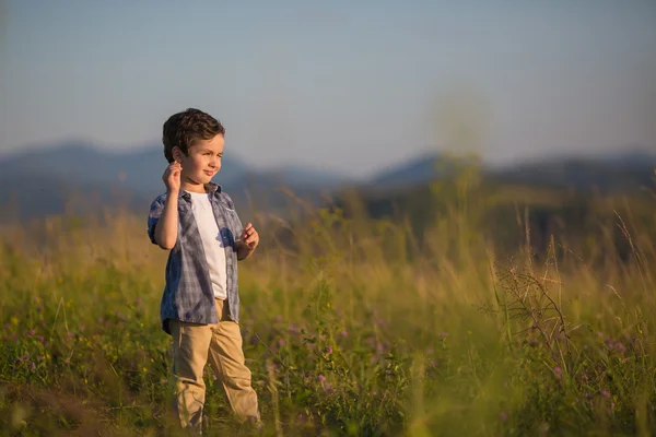Милый маленький мальчик стоит в поле и смотрит на закат — стоковое фото