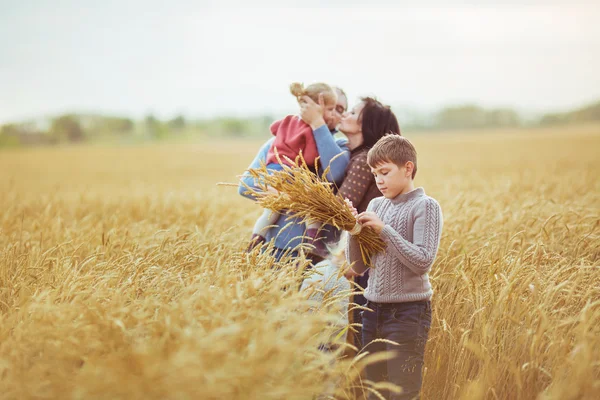 Família feliz em um campo agrícola no outono — Fotografia de Stock