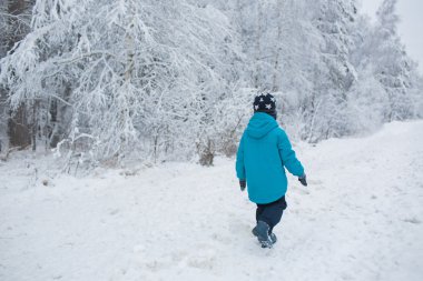 Küçük bir çocuk, kışın bir karda yürür. Arkadan Görünüm