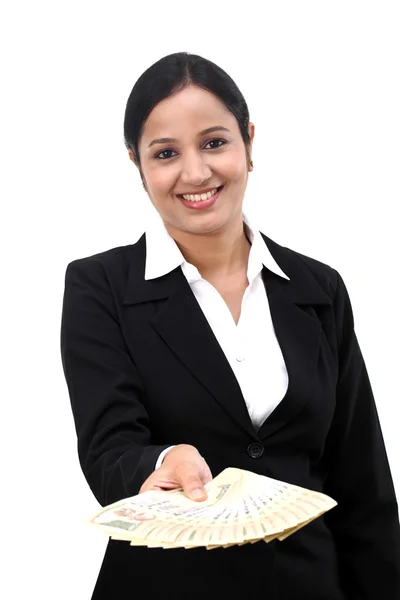 Young business woman holding Indian currency notes — Stock Photo, Image