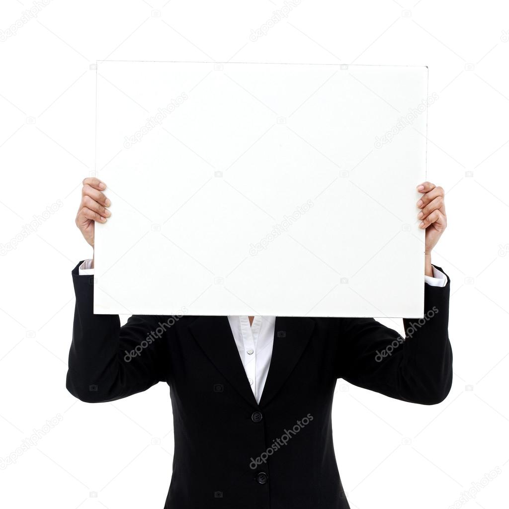 Business woman cover face with billboard
