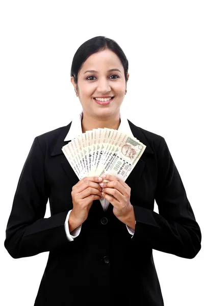 Young business woman holding Indian currency notes — Stock Photo, Image