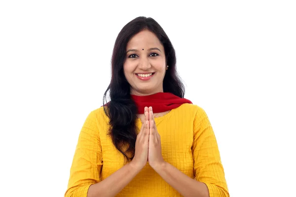 Retrato de una mujer india saludando - Namaste —  Fotos de Stock