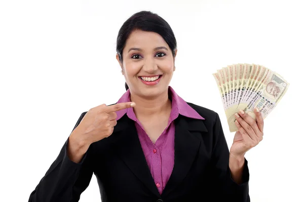 Joven mujer de negocios sosteniendo billetes de moneda india —  Fotos de Stock