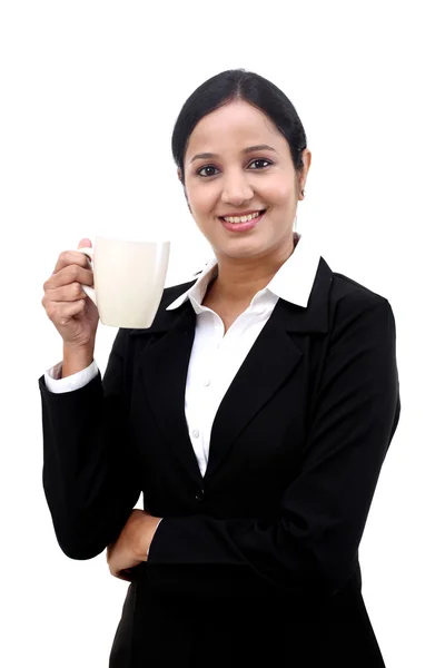 Young happy business woman with a cup of coffee — Stock Photo, Image
