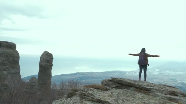 Turista en la cima de la montaña. Chica en impermeable relajarse y disfrutar de hermosas panorámicas de las cadenas montañosas. panorama, la chica en la cima de una montaña escaló una montaña — Vídeos de Stock