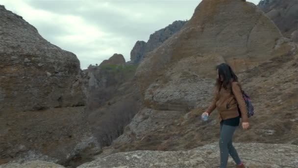 Jeune randonneuse avec sac à dos, au sommet de la montagne — Video