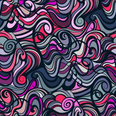 Menekşe, pembe ve gri renkli kıvrımlı çizgiler. Kusursuz tekrarlama kalıbı. Tekstil, ambalaj, baskı, ağ ve her türlü dekoratif proje için mükemmel..