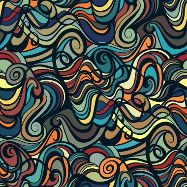 Turuncu, yeşil ve açık mavi kıvrımlı çizgilerin renkli bileşimi. Kusursuz tekrarlama kalıbı. Tekstil, ambalaj, baskı, ağ ve her türlü dekoratif proje için mükemmel..