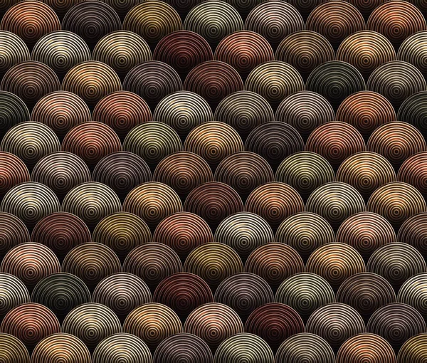 Beautiful composition of concentric circles arranged in horizontal lines in copper, gold, and bronze metallic colors. Seamless repeating pattern. Perfect for all kinds of decorative projects.