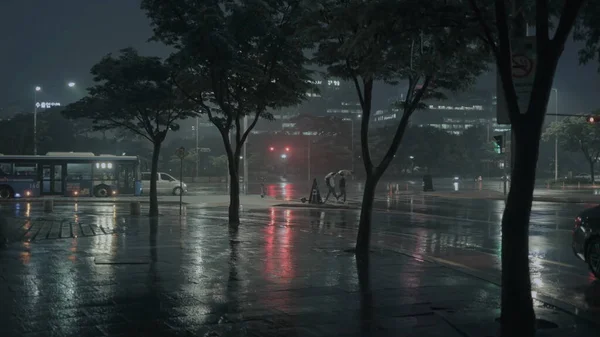 Večer Procházky Deštivých Ulicích Soulu — Stock fotografie