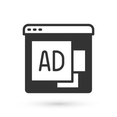 Gri reklam simgesi beyaz arkaplanda izole edildi. Pazarlama ve tanıtım süreci kavramı. İlgili reklamlar. Sosyal medya reklamcılığı. Vektör