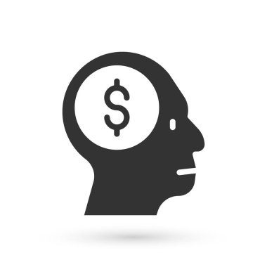 Gri İş Adamı, beyaz arka planda izole edilmiş zihin ikonu planlıyor. Dolarlı kafa. Para kazanmak için bir fikir. Yatırım artışı. Vektör