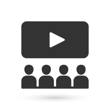 Beyaz arka planda ekran simgesi olan gri sinema salonu. Vektör