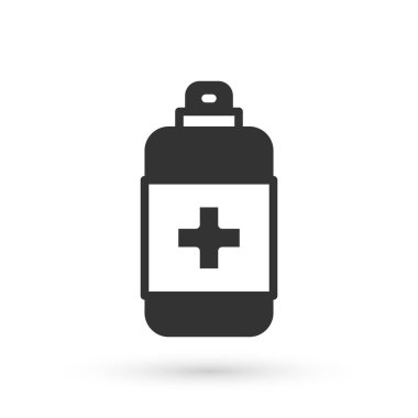 Beyaz arka planda izole edilmiş şeker ikonu içeren gri bir şişe antibakteriyel sabun. Antiseptik. Dezenfeksiyon, hijyen, cilt bakımı. Vektör