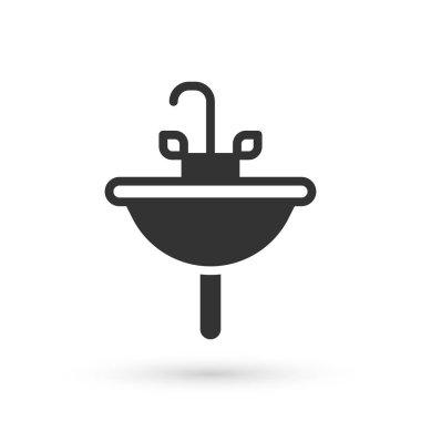 Beyaz arka planda su musluğu ikonu olan gri lavabo. Vektör