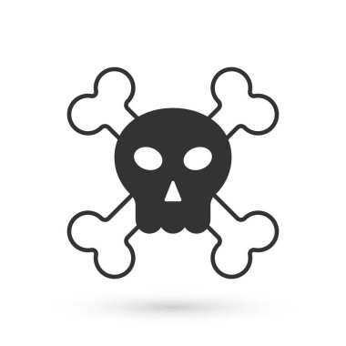 Çapraz kemik simgesindeki gri Kafatası beyaz arka planda izole edildi. Mutlu Cadılar Bayramı Partisi. Vektör