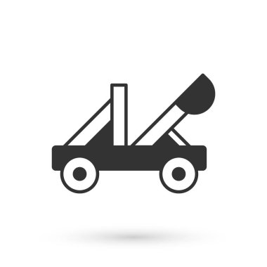 Gri, eski, ortaçağ ahşap mancınıklı taş fırlatma ikonu beyaz arka planda izole edilmiş. Vektör