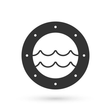 Perçin ve deniz manzaralı gri gemi penceresi beyaz arka planda izole edilmiş. Vektör