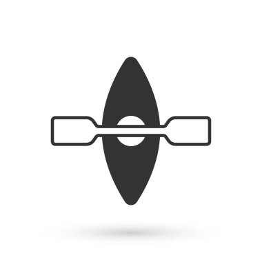 Gri kano ve kürek ikonu beyaz arkaplanda izole edildi. Balıkçılık ve turizm için kano. Açık hava aktiviteleri. Vektör