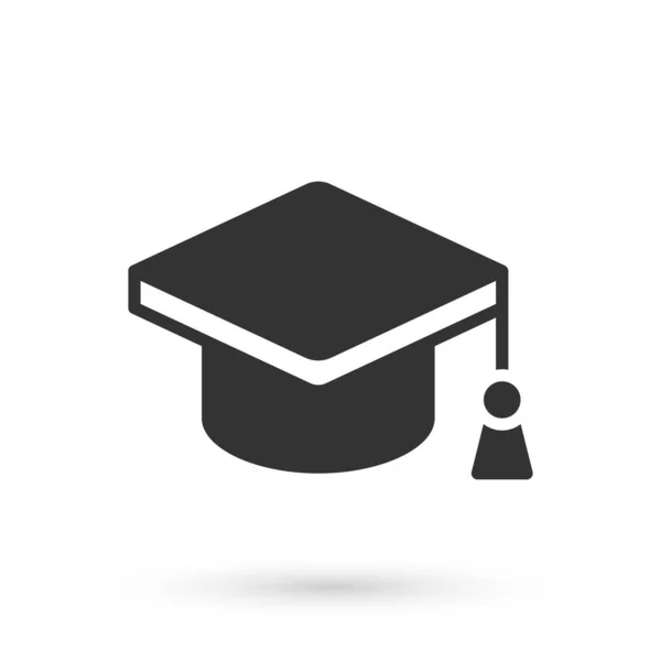 Ícone de boné de graduação cinza isolado no fundo branco. Chapéu de graduação com ícone de borla. Vetor — Vetor de Stock