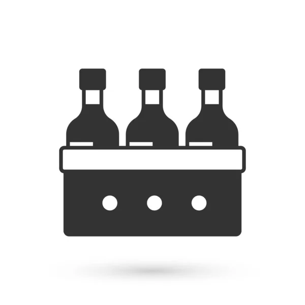 Grijze flessen wijn in een houten doos pictogram geïsoleerd op witte achtergrond. Wijnflessen in een houten krat icoon. Vector — Stockvector