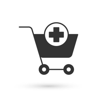 Beyaz arka planda izole edilmiş alışveriş arabası simgesine gri ekleme. İnternetten satın alma konsepti. Servis tabelası. Süpermarket sepeti sembolü. Vektör