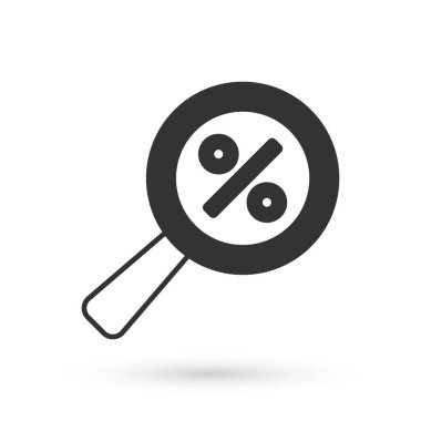Beyaz arka planda yüzde yüz indirim simgesi olan gri büyüteç. İndirimli aramalar. İndirim tabelasını ara. Vektör