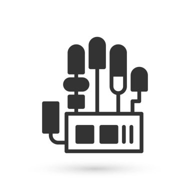 Beyaz arka planda gri mekanik robot el simgesi izole edildi. Robot kol sembolü. Teknolojik konsept. Vektör