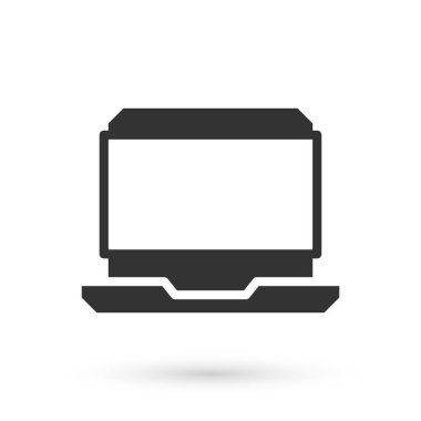 Gri dizüstü bilgisayar simgesi beyaz arkaplanda izole edildi. Boş ekran işaretli bilgisayar defteri. Vektör