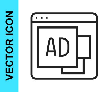 Beyaz arkaplanda siyah çizgi reklam simgesi izole edildi. Pazarlama ve tanıtım süreci kavramı. İlgili reklamlar. Sosyal medya reklamcılığı. Vektör