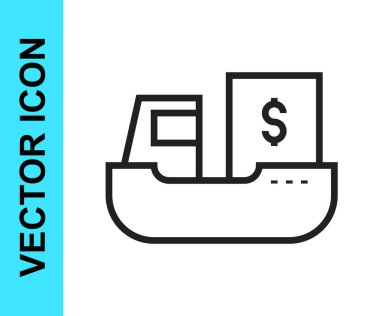 Beyaz zemin üzerinde kutucuk servis simgesi olan siyah çizgi kargo gemisi. Teslimat, ulaşım. Paketleri, kutuları, malları olan bir şilep. Vektör